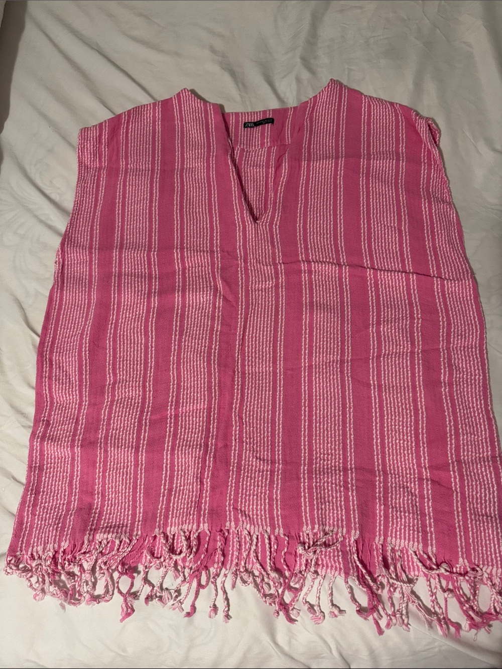 Zara Pink and White Striped Fringe Tunic